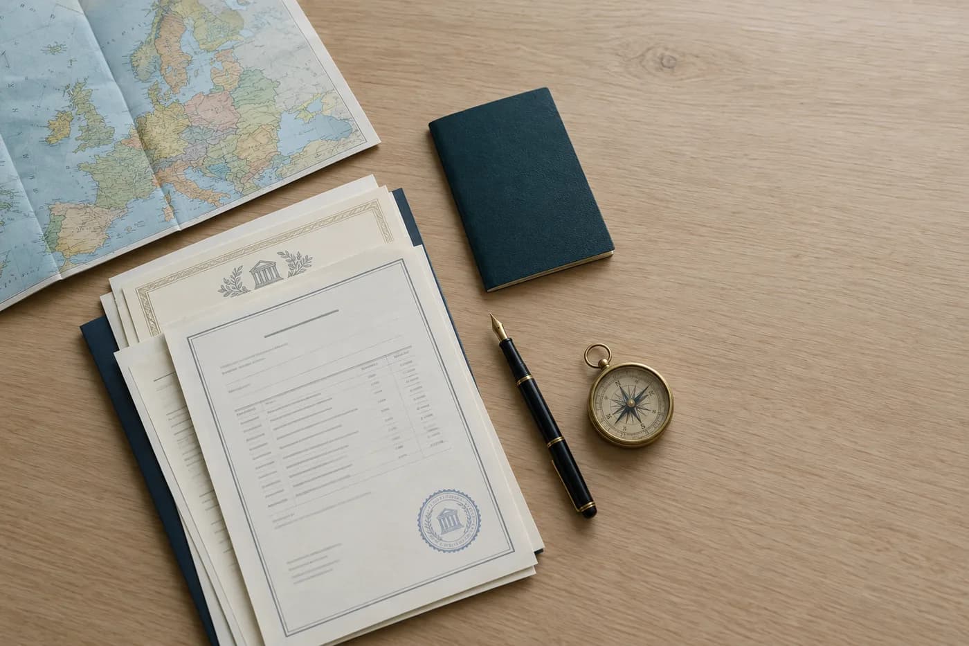A passport, academic certificates, a fountain pen and a folded map of Europe arranged on a desk